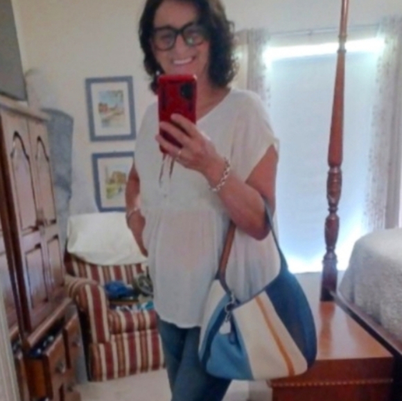 VINTAGE 6IN MATCHED WRISTLET & LARGE 15IN WIDE COACH BLUE STRIPED HOBO ERGO BAG - Picture 7 of 17